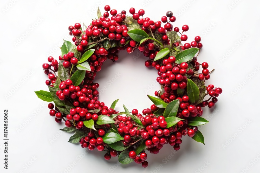 Obraz premium Classic Christmas wreath adorned with vibrant red berries, set against a clean white background. Ideal stock photo.