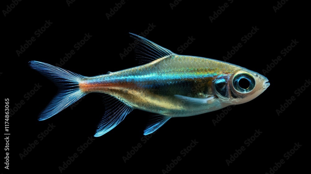 Fototapeta premium A shimmering transparent fish with blue accents gliding gracefully against a black backdrop.