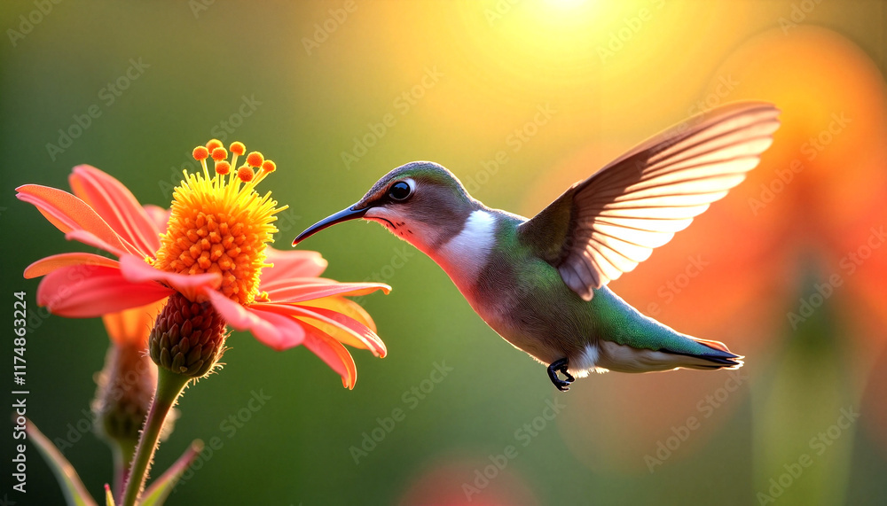 Fototapeta premium World Wildlife Day. Hummingbird hovering near vibrant flower