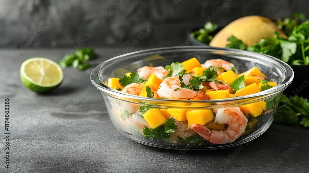 Delicious Shrimp and Mango Salad in Glass Bowl Delicious Shrimp and Mango Salad in Glass Bowl