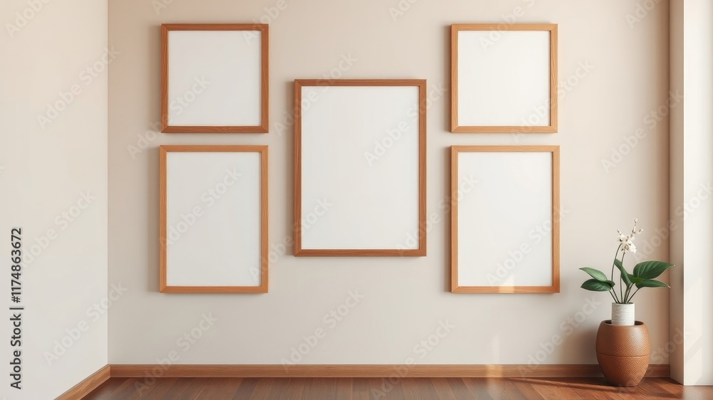 Fototapeta premium Minimalist interior design featuring five blank wood frames on a beige wall, complemented by a potted plant