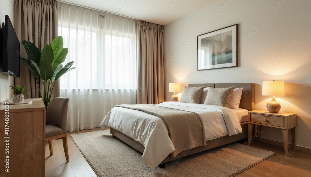 A cozy neutral-toned studio room gives an inviting and warm atmosphere. A cozy neutral-toned studio room gives an inviting and warm atmosphere.