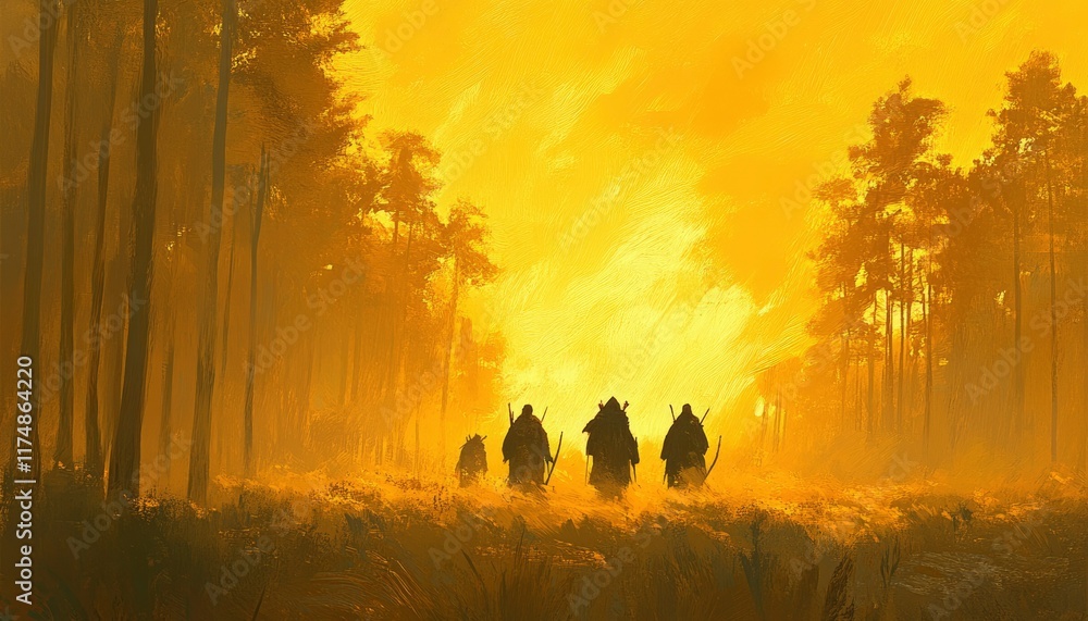 Fototapeta premium Silhouetted Figures Walking Through A Golden Forest