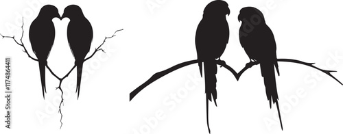Silhouette of two lovebirds perched on a branch, outline vector silhouette icon