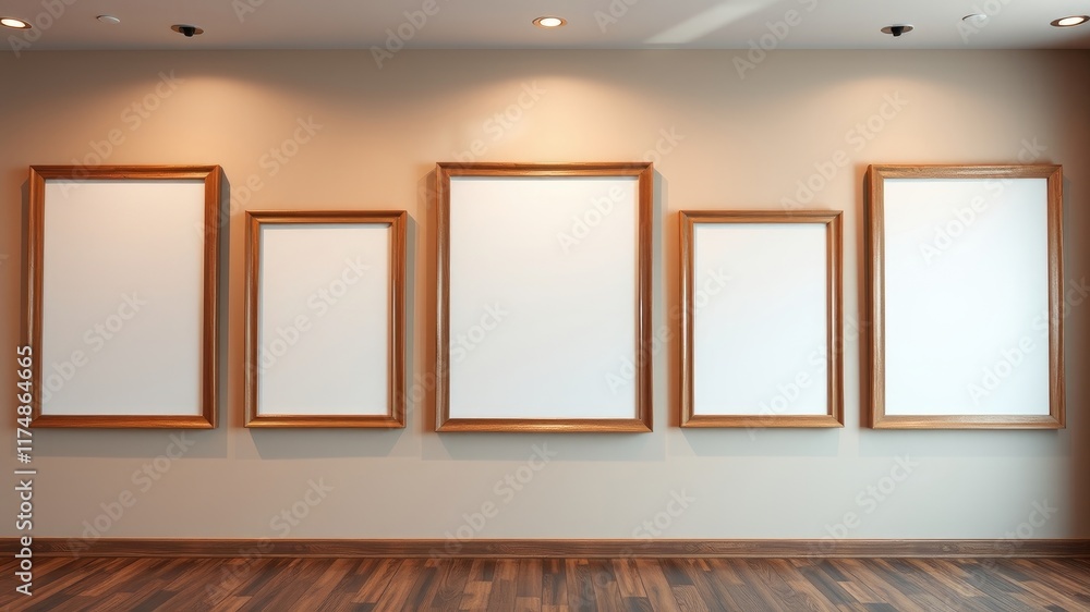 Empty wooden picture frames on beige wall and hardwood floor Empty wooden picture frames on beige wall and hardwood floor