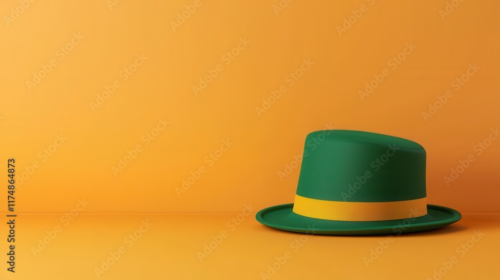 Green Hat with Yellow Band on Vibrant Orange Background Green Hat with Yellow Band on Vibrant Orange Background