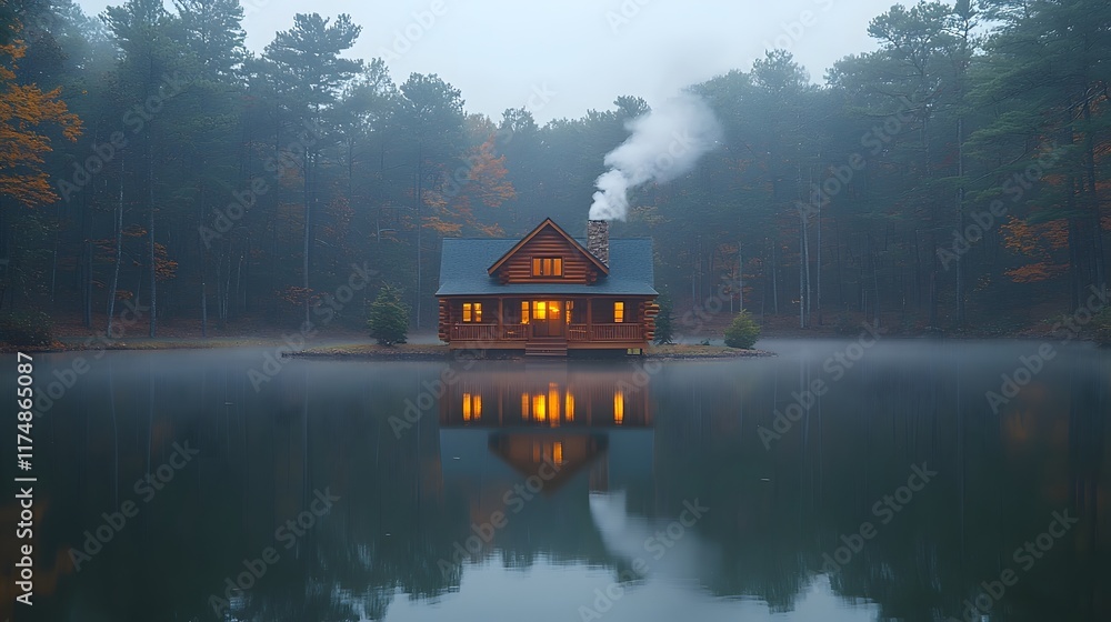 Fototapeta premium Cozy Cabin Surrounded by Misty Pine Forest on Idyllic Lake Reflects Warm Glow