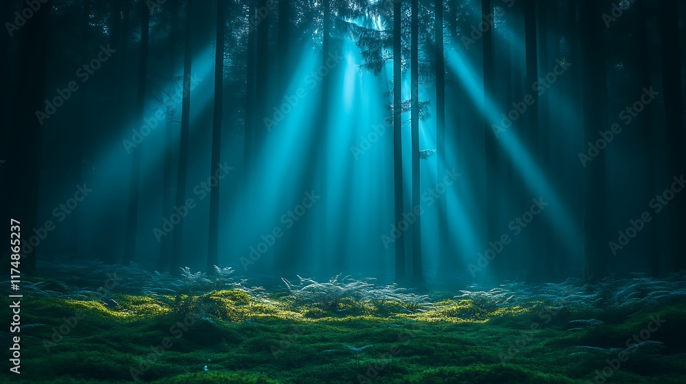 Fototapeta premium Mystical Forest Scene With Sunlight Rays Piercing Through Trees