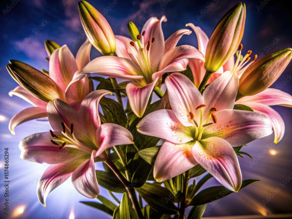 Double exposure captures ethereal pink lilies bathed in soft light. Double exposure captures ethereal pink lilies bathed in soft light.