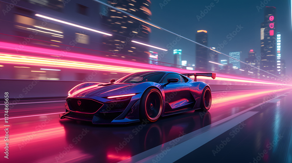 Futuristic Luxury Car On Neon Highway. Powerful acceleration of a premium car with colorful lights Futuristic Luxury Car On Neon Highway. Powerful acceleration of a premium car with colorful lights