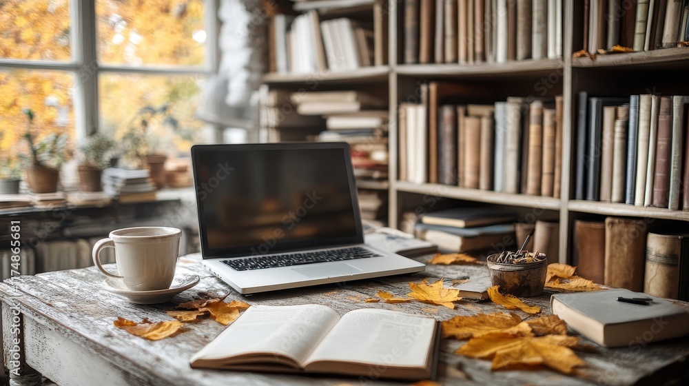 Cozy Autumn Study Nook with Laptop, Books, and Fall Leaves Cozy Autumn Study Nook with Laptop, Books, and Fall Leaves