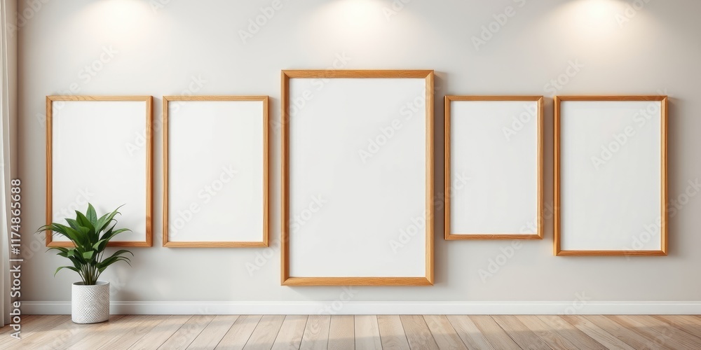 Fototapeta premium Modern minimalist home interior with empty wooden picture frames and a potted plant