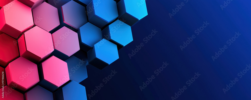 A colorful abstract design featuring hexagonal shapes in shades of blue and pink against a dark background. A colorful abstract design featuring hexagonal shapes in shades of blue and pink against a dark background.