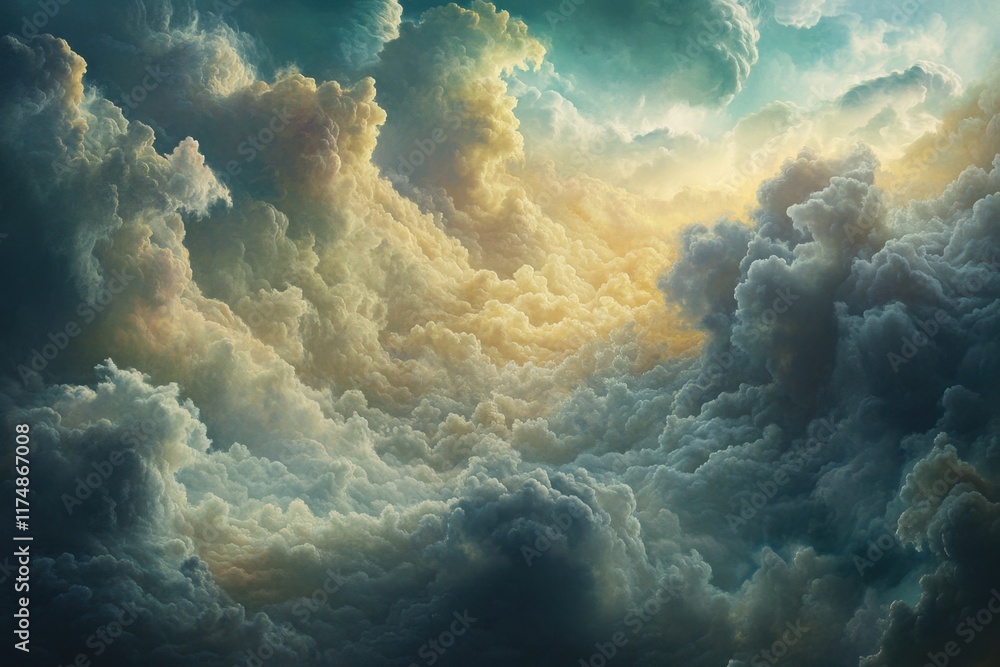 Fototapeta premium Dramatic Cloudscape Golden Hues Illuminate Dark Storm Clouds