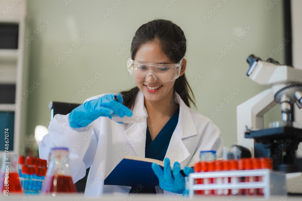 Female biotechnologist testing new chemical substances in a laboratory. Female biotechnologist testing new chemical substances in a laboratory.