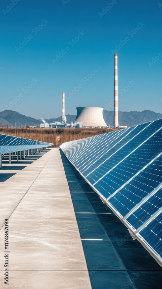 Obraz premium A juxtaposition of solar panels in the foreground with a nuclear power plant in the distance, set against a clear blue sky and mountain backdrop.