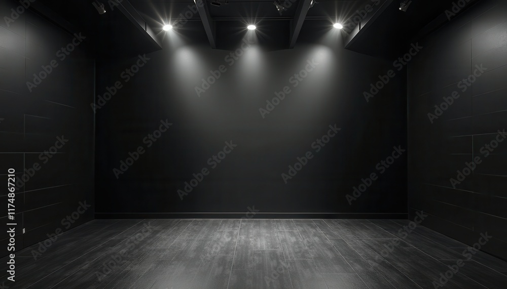 A chic black studio room with dim lighting provides a sophisticated and dramatic backdrop. A chic black studio room with dim lighting provides a sophisticated and dramatic backdrop.
