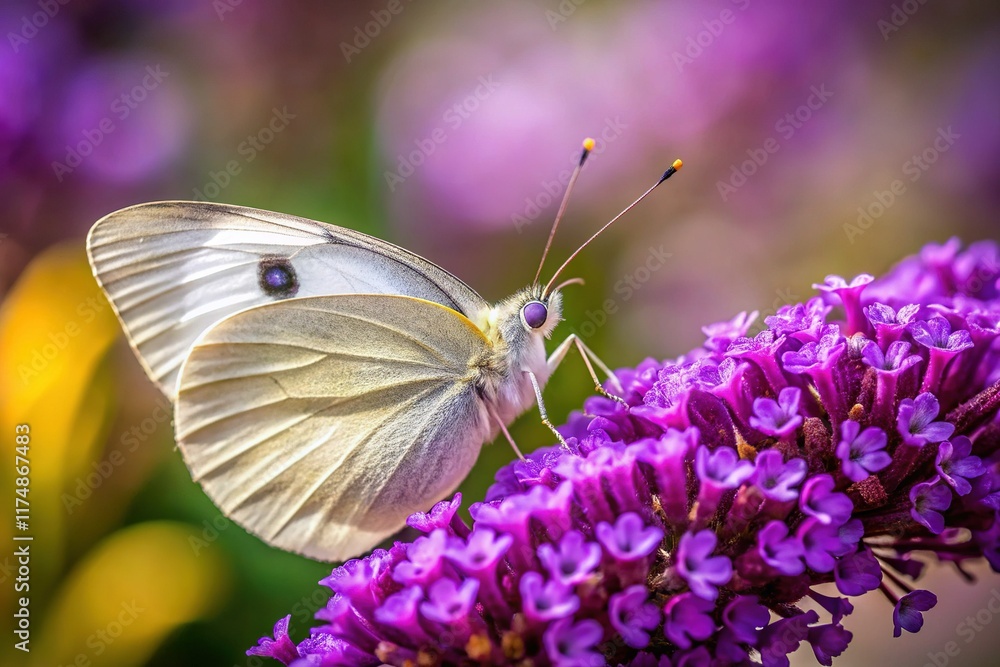 Cabbage White Butterfly on Purple Buddleja Flower - High Depth of Field Stock Photo Cabbage White Butterfly on Purple Buddleja Flower - High Depth of Field Stock Photo