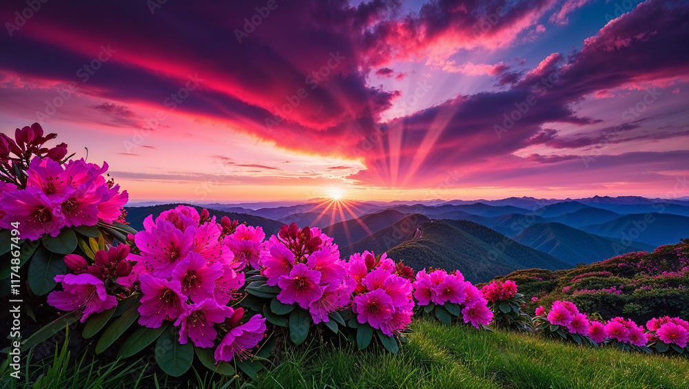 Fototapeta premium Majestic sunrise illuminating blooming rhododendrons in mountain landscape