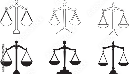 Silhouette of a balanced lawyer's scale , scales of justice outline vector silhouette icon