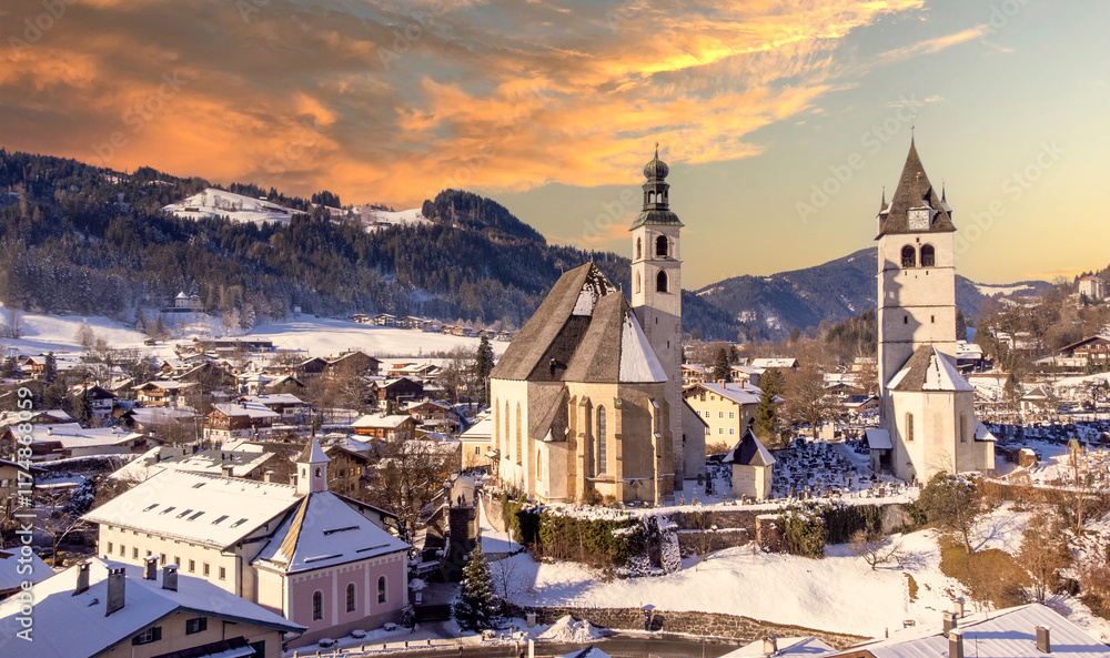 View of the town of Kitzbühel at Wilder Kaiser in Austria Tyrol European Alps at sunset