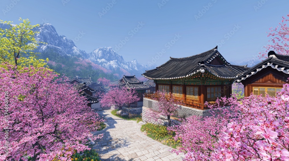 Serene landscape with cherry blossoms and traditional architecture. Serene landscape with cherry blossoms and traditional architecture.