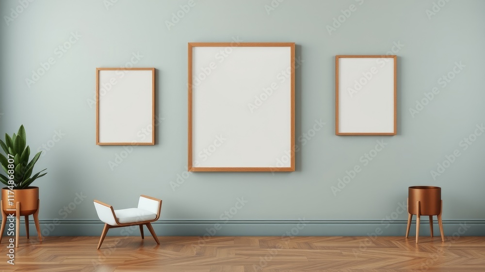 Fototapeta premium Modern minimalist interior design with empty frames and plants