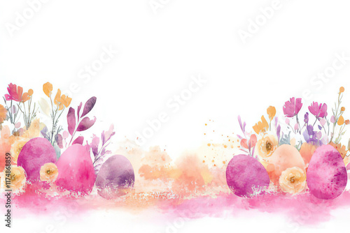 elegant watercolor easter eggs with flowers an greenery, space for text, easter invitation template, easter card template