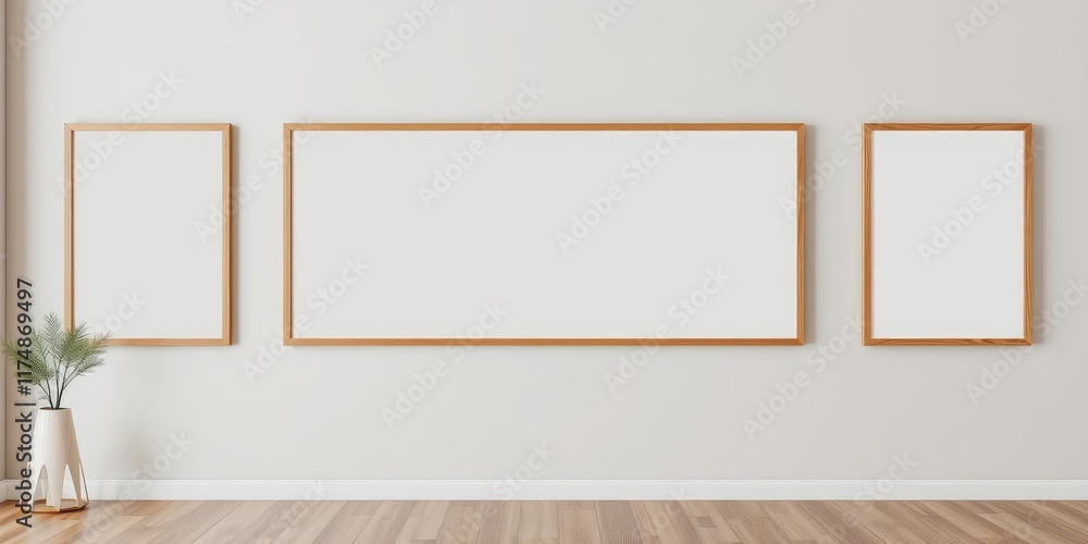 Minimalist interior design featuring three blank wooden frames on a light wall Minimalist interior design featuring three blank wooden frames on a light wall