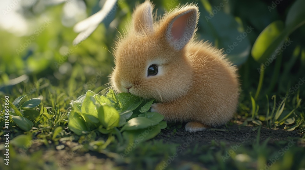 Fototapeta premium Adorable fluffy orange bunny nibbling on fresh green leaves in a vibrant garden.