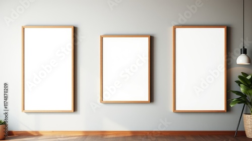 Three Blank Light Wood Frames on a Gray Wall with Plants and Pendant Light