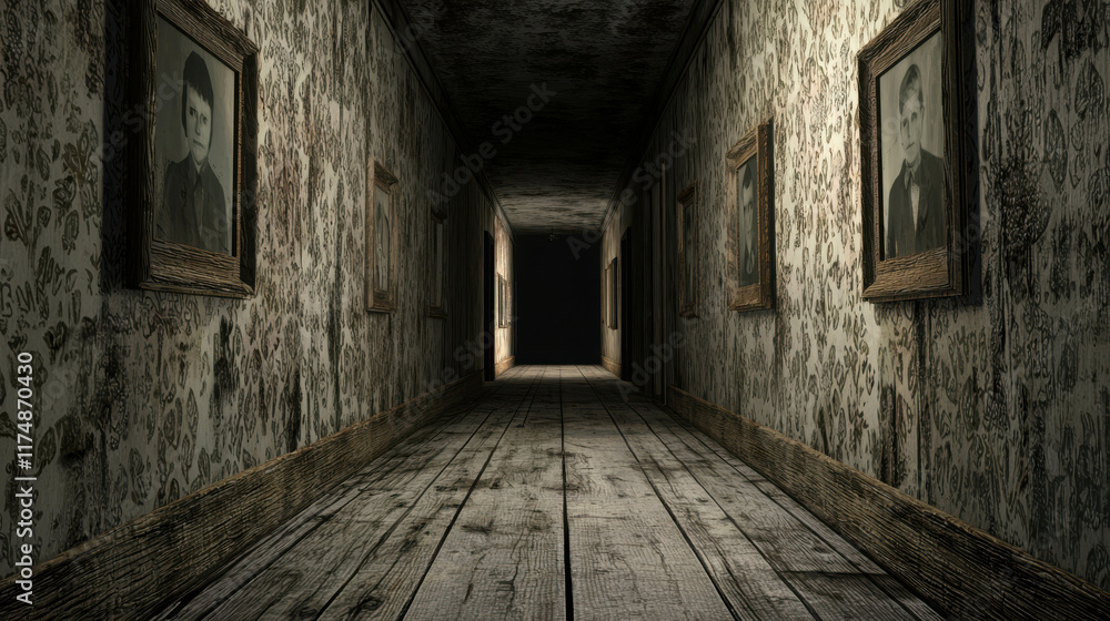 Dusty Hallway in Forgotten House with Old Paintings and Weathered Walls Dusty Hallway in Forgotten House with Old Paintings and Weathered Walls