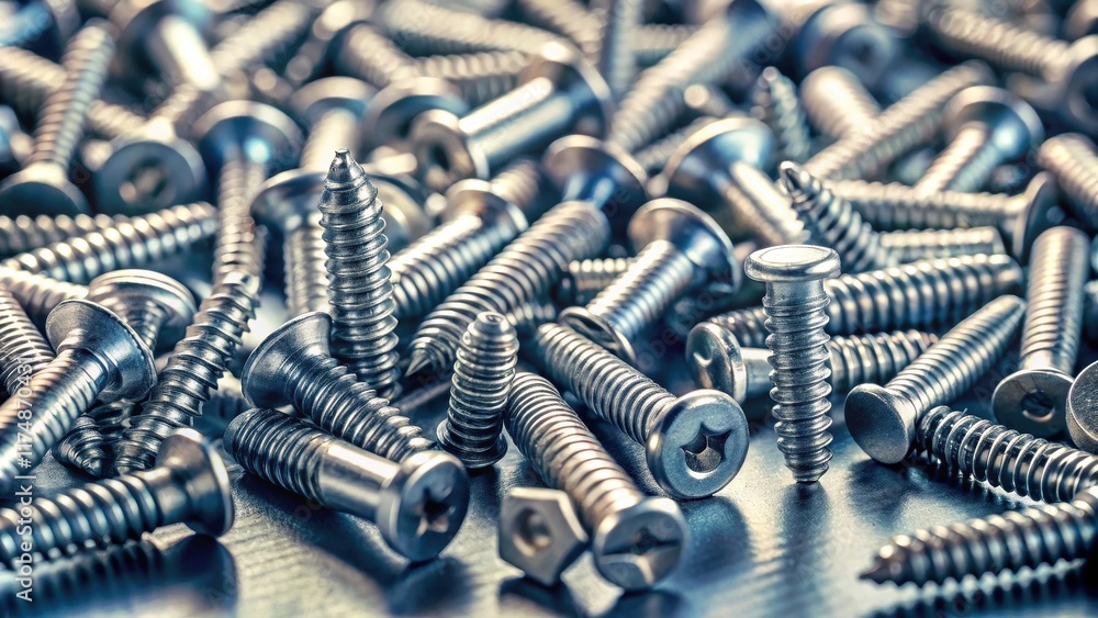 A profusion of metallic fasteners, showcasing a variety of screw types and sizes, meticulously arranged on a reflective surface. A profusion of metallic fasteners, showcasing a variety of screw types and sizes, meticulously arranged on a reflective surface.