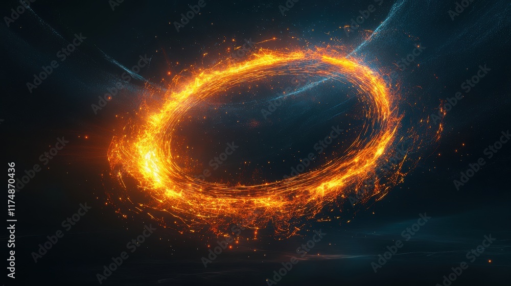 An abstract glowing ring of orange sparks illuminated against a dark cosmic background. An abstract glowing ring of orange sparks illuminated against a dark cosmic background.