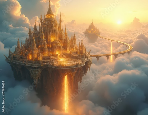 A Golden Celestial City: An Enchanting Floating Palace Above the Clouds at Sunset, Connected by a Serpentine Bridge to a Distant Realm, Illuminated by a Warm, Heavenly Glow photo