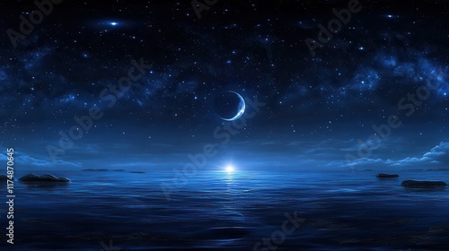 A serene nightscape with a crescent moon over a tranquil sea. Ideal for meditation or relaxation apps. photo