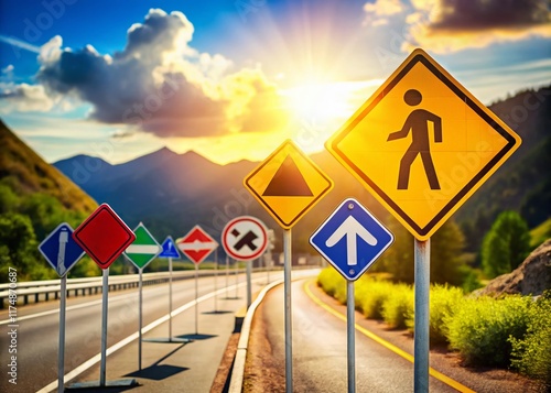 HD Road Signs Collection: Directional & Warning Signs on Asphalt Road