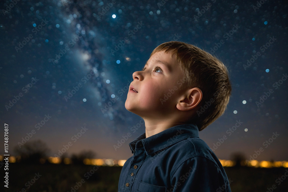Naklejka premium wonder represented by a child looking up at the night sky