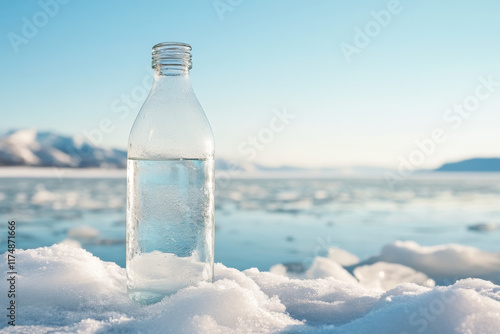 BAIKAL LAKE, ELANTSY VILLAGE, IRKUTSK REGION, RUSSIA -  March 08, 2024: Close-up of clean drinking still water Legend of Baikal from depth of 400 meters in glass bottle on ice and snow natural podium  photo