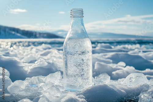 BAIKAL LAKE, ELANTSY VILLAGE, IRKUTSK REGION, RUSSIA -  March 08, 2024: Close-up of clean drinking still water Legend of Baikal from depth of 400 meters in glass bottle on ice and snow natural podium  photo