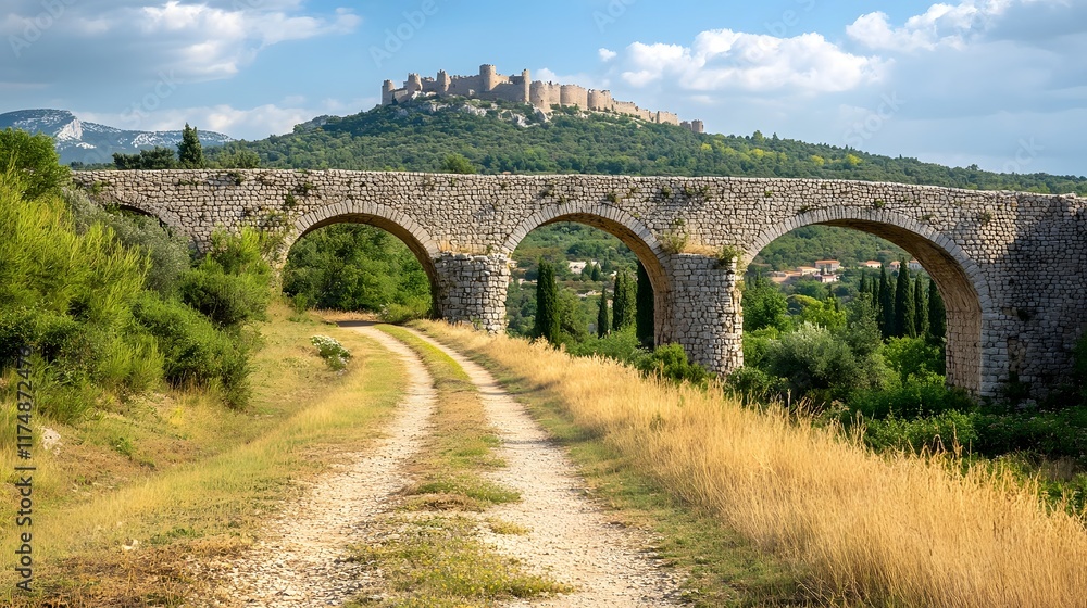 Fototapeta premium Majestic stone arches of an ancient bridge stretch across a lush green countryside leading the eye up to a grand medieval castle perched atop a rolling hill in the distance