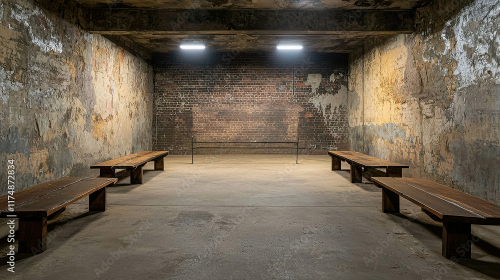 Obraz premium Underground Boxing Venue with Low Ceiling and Exposed Brick Walls