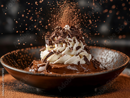 Close-up of a bowl of chocolate mousse with whipped cream photo