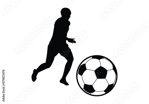 Football player kicking ball, isolated vector silhouette. Soccer logo