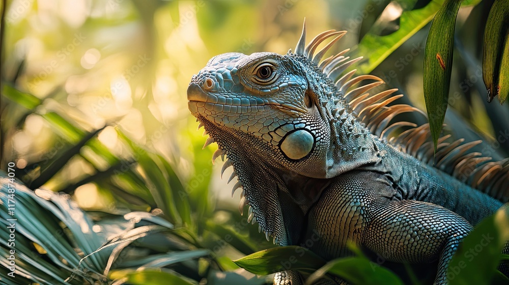 A green iguana striking a confident pose in the tropical foliage, its scales gleaming A green iguana striking a confident pose in the tropical foliage, its scales gleaming
