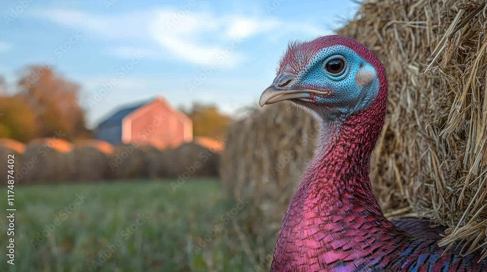 Fototapeta premium Close-up of a vibrant young turkey on a farm.