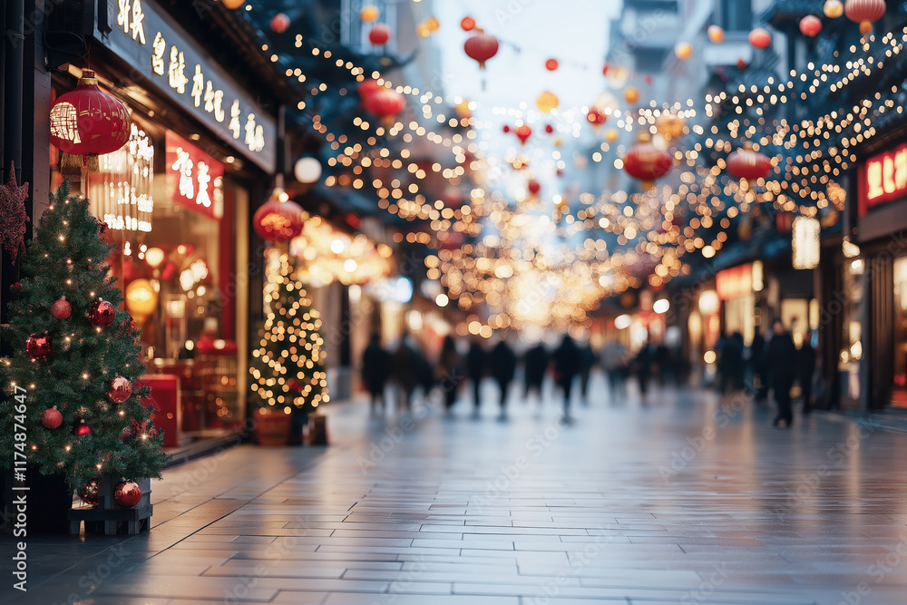 Festive asian street with lanterns and lights during holiday season. Festive asian street with lanterns and lights during holiday season.