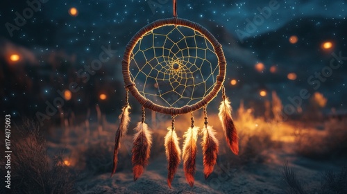 Mystical Native American Dreamcatcher: Earthy Tones, Intricate Beadwork, and Feathers Against a Twilight Desert Landscape with Glowing Stars. Serene, Ethereal Mood. photo