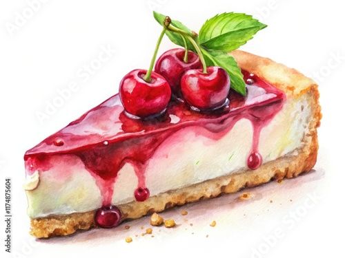 Vibrant cherry cheesecake, painted in watercolor, a sweet culinary masterpiece against a clean white backdrop. photo