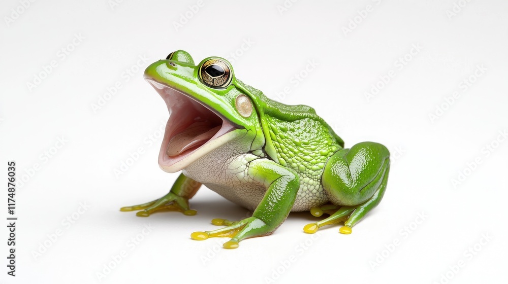 Naklejka premium Vibrant green frog leaping in nature close-up photography studio setting captivating wildlife concept